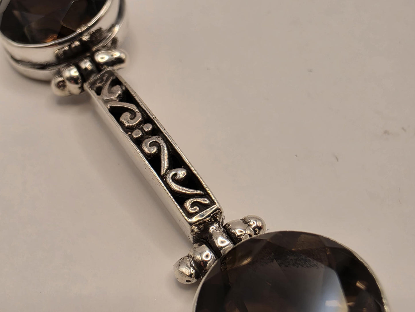 Genuine Smoky Quartz Bracelet Sterling Silver Faceted Stations Oxidized Scrollwork Toggle 7.5 Inch Brown Gemstone Gift for Her or Him