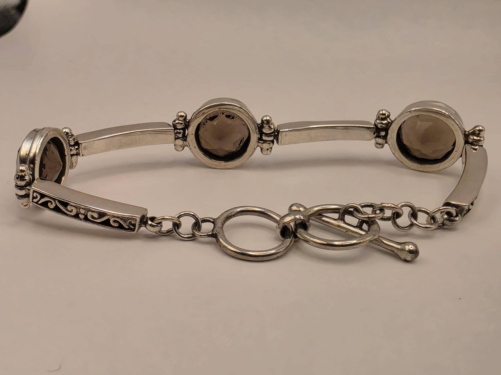 Genuine Smoky Quartz Bracelet Sterling Silver Faceted Stations Oxidized Scrollwork Toggle 7.5 Inch Brown Gemstone Gift for Her or Him