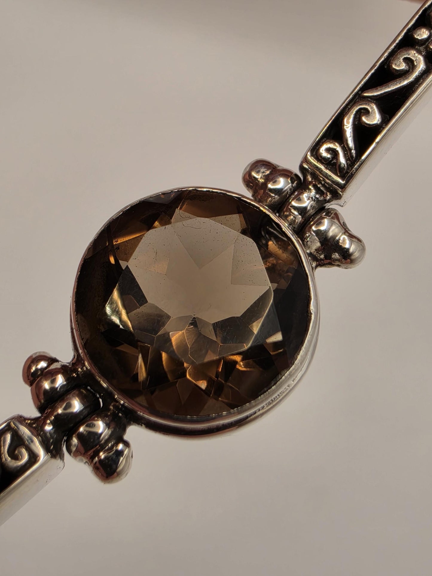 Genuine Smoky Quartz Bracelet Sterling Silver Faceted Stations Oxidized Scrollwork Toggle 7.5 Inch Brown Gemstone Gift for Her or Him