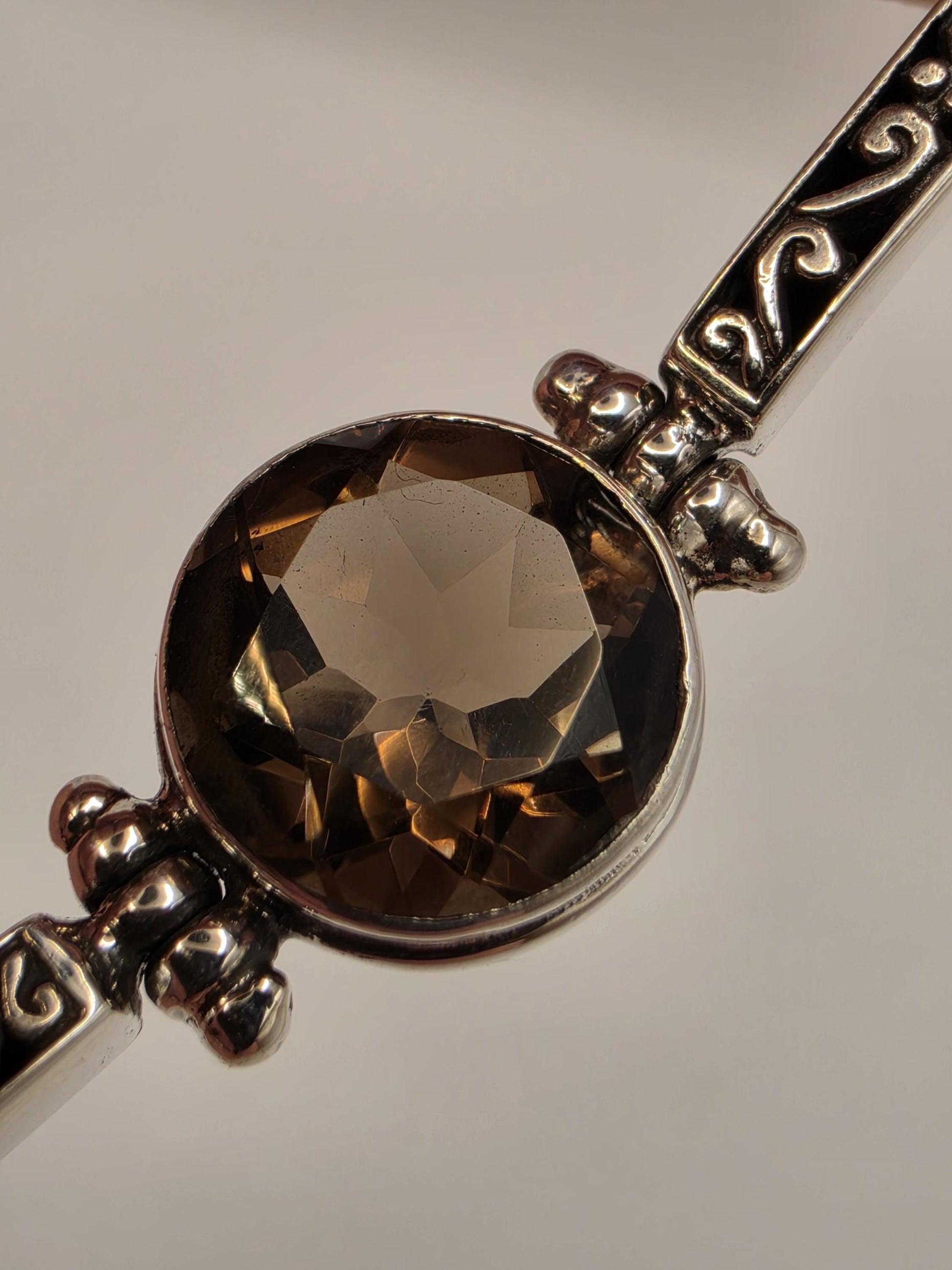 Genuine Smoky Quartz Bracelet Sterling Silver Faceted Stations Oxidized Scrollwork Toggle 7.5 Inch Brown Gemstone Gift for Her or Him