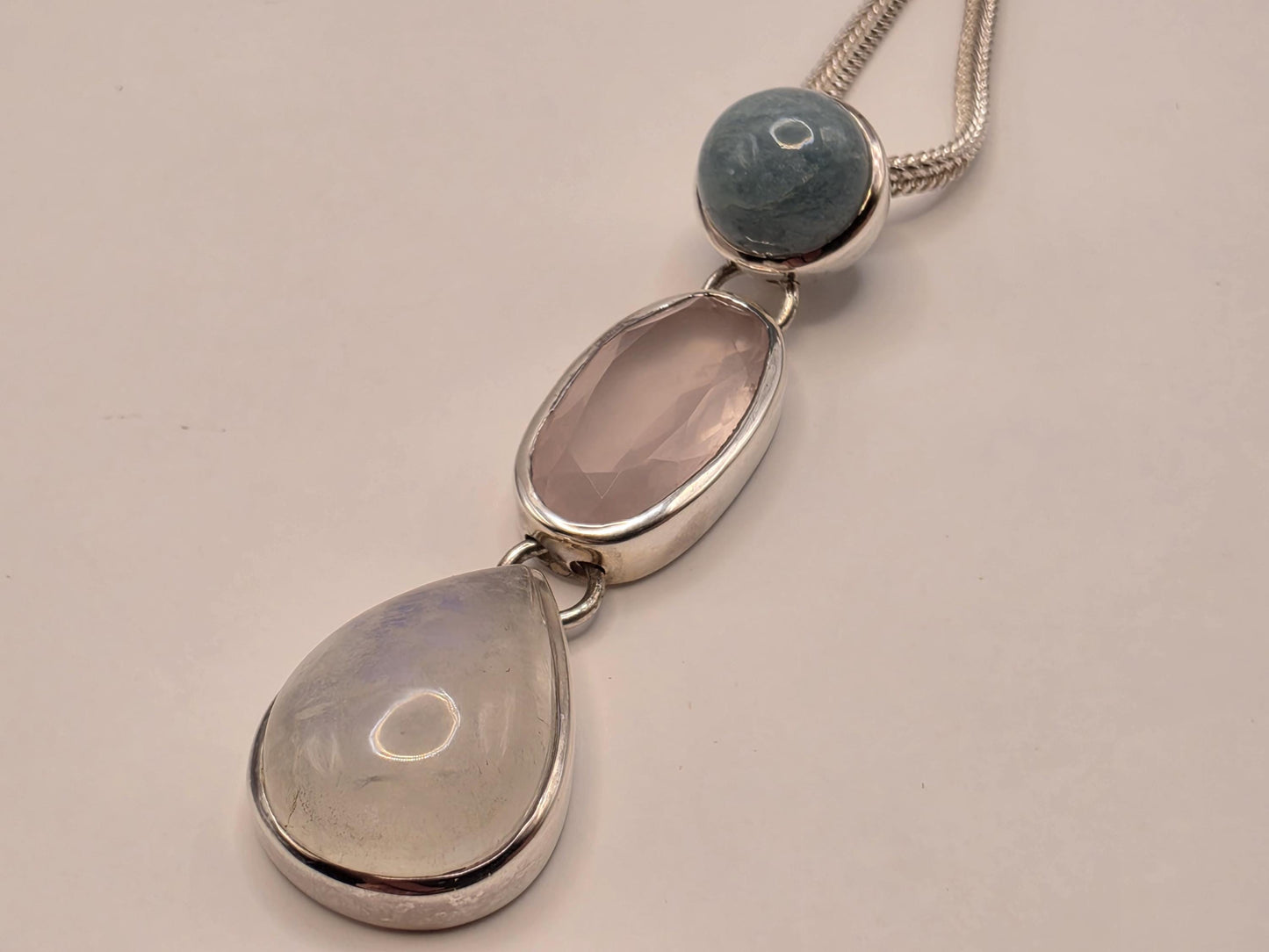 Multi Gemstone Necklace Sterling Silver Aquamarine Rose Quartz Moonstone Y Drop Foxtail Chain 18 Inch Pastel Pendant Gift for Her