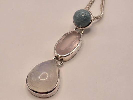 Multi Gemstone Necklace Sterling Silver Aquamarine Rose Quartz Moonstone Y Drop Foxtail Chain 18 Inch Pastel Pendant Gift for Her