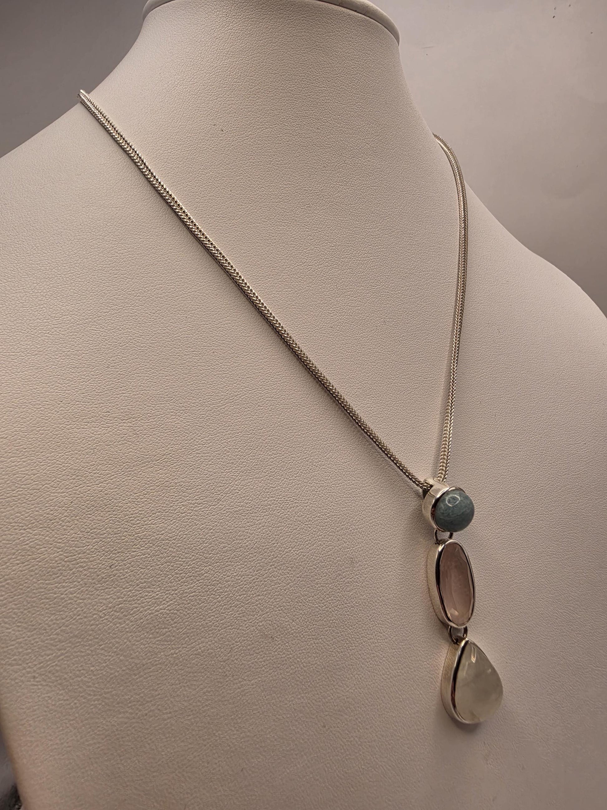 Multi Gemstone Necklace Sterling Silver Aquamarine Rose Quartz Moonstone Y Drop Foxtail Chain 18 Inch Pastel Pendant Gift for Her