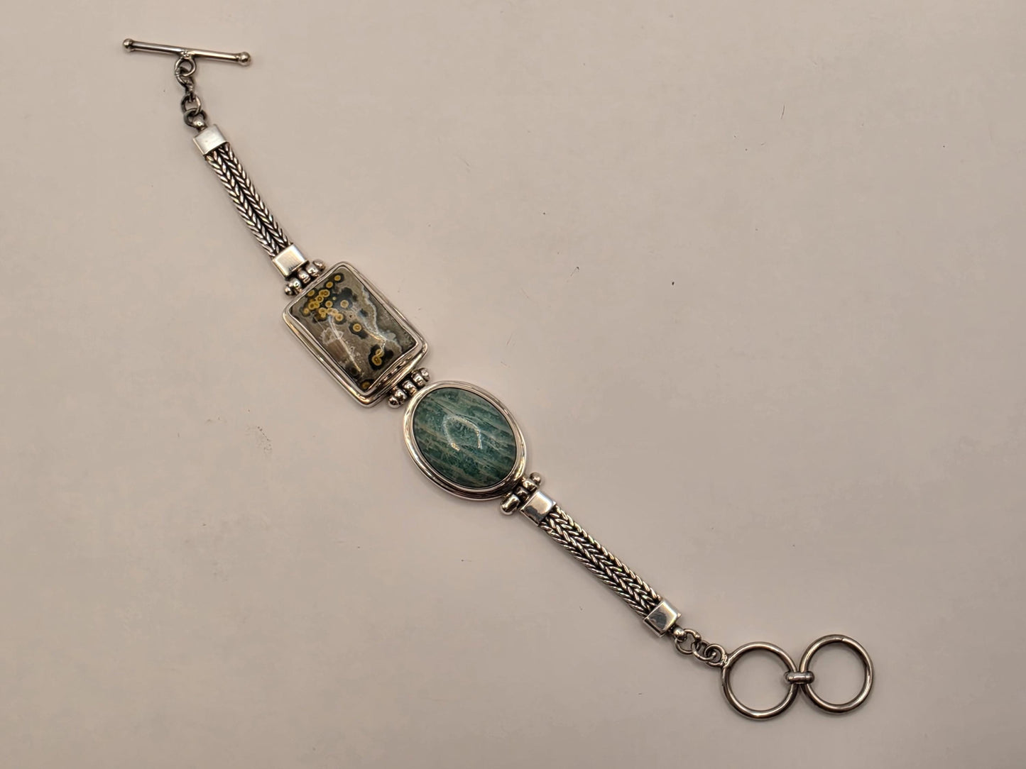 Ocean Jasper Amazonite Bracelet Sterling Silver Two Stone Woven Chain Toggle 7 Inch Orbicular Madagascar Jasper Rare Collector Gift for Her