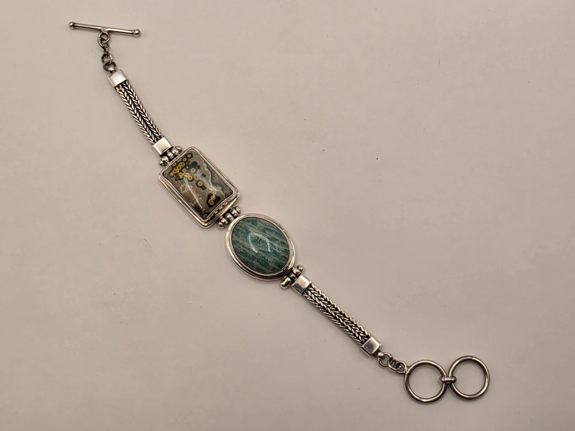 Ocean Jasper Amazonite Bracelet Sterling Silver Two Stone Woven Chain Toggle 7 Inch Orbicular Madagascar Jasper Rare Collector Gift for Her
