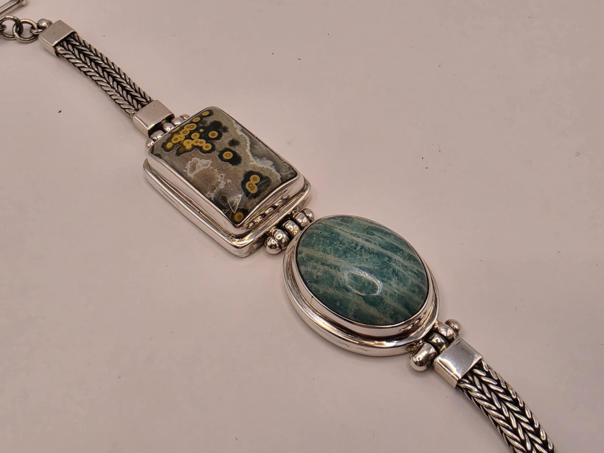 Ocean Jasper Amazonite Bracelet Sterling Silver Two Stone Woven Chain Toggle 7 Inch Orbicular Madagascar Jasper Rare Collector Gift for Her