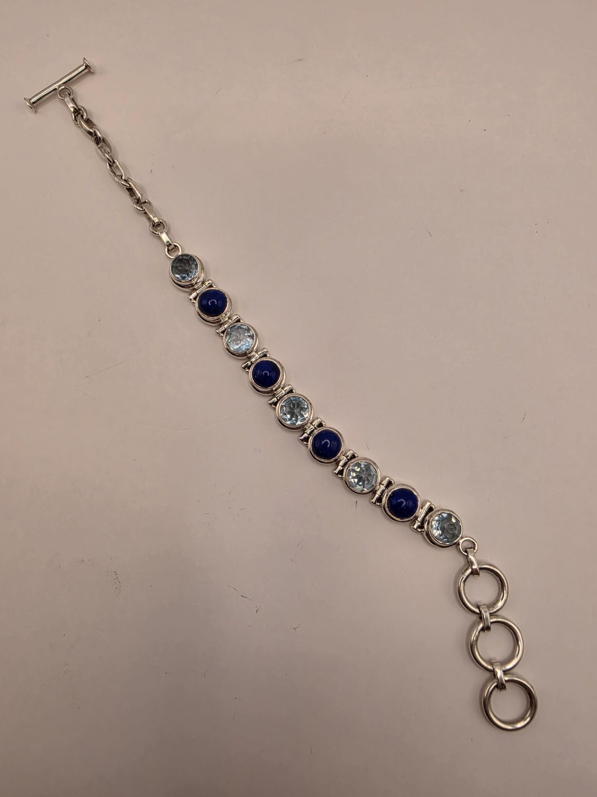 Lapis Lazuli Blue Topaz Bracelet Sterling Silver Nine Stone Line Toggle 9 Inch Pyrite Flecked Lapis Sky Blue Faceted Statement Gift for Her