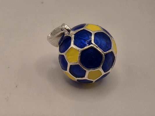 Sterling Silver Soccer Ball Pendant Blue Yellow Enamel 3D Round Charm 0.5 Inch Futbol Sports Gift Soccer Player Coach Team Fan