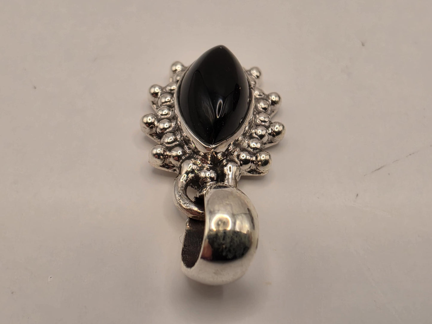 Black Onyx Pendant Sterling Silver Marquise Cabochon Beaded Sunburst Frame Small Dainty 0.75 Inch Minimalist Gift for Her