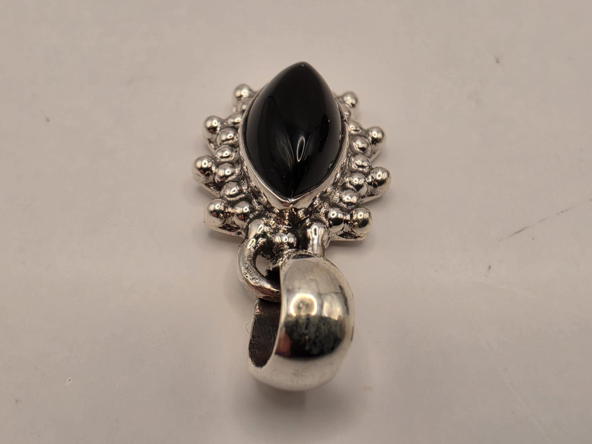 Black Onyx Pendant Sterling Silver Marquise Cabochon Beaded Sunburst Frame Small Dainty 0.75 Inch Minimalist Gift for Her