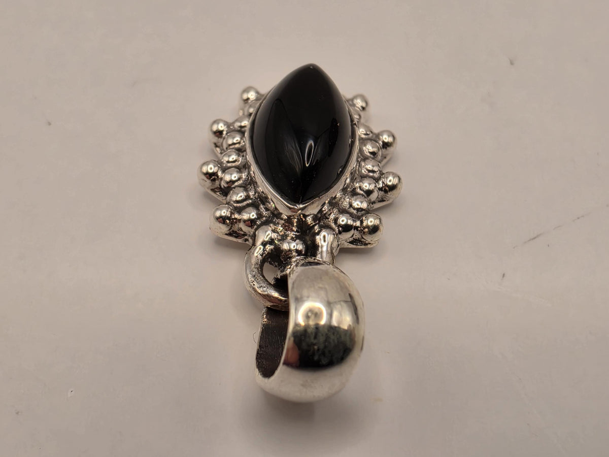 Black Onyx Pendant Sterling Silver Marquise Cabochon Beaded Sunburst Frame Small Dainty 0.75 Inch Minimalist Gift for Her