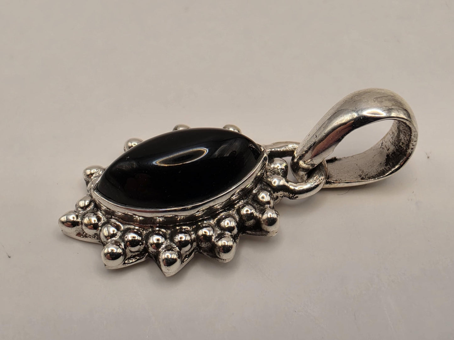 Black Onyx Pendant Sterling Silver Marquise Cabochon Beaded Sunburst Frame Small Dainty 0.75 Inch Minimalist Gift for Her