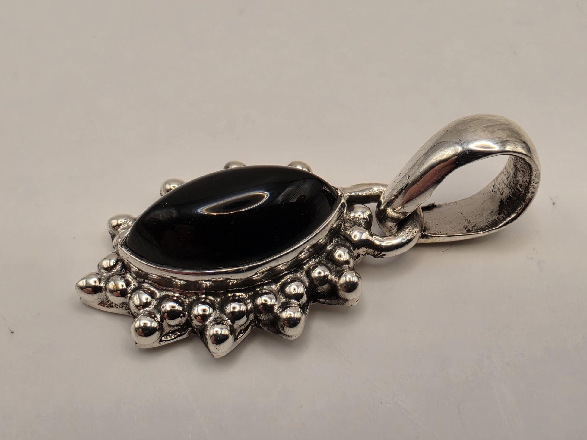 Black Onyx Pendant Sterling Silver Marquise Cabochon Beaded Sunburst Frame Small Dainty 0.75 Inch Minimalist Gift for Her