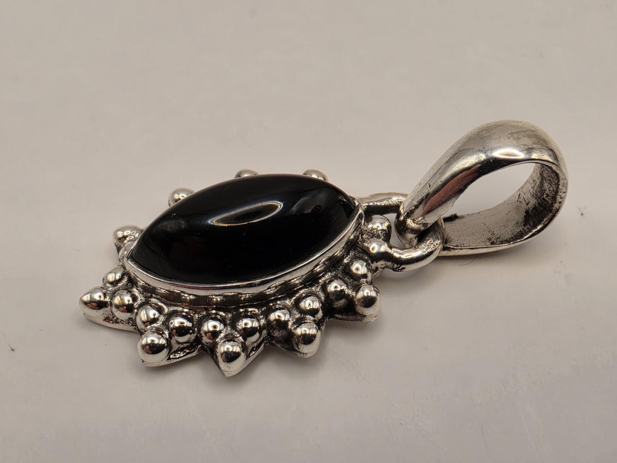 Black Onyx Pendant Sterling Silver Marquise Cabochon Beaded Sunburst Frame Small Dainty 0.75 Inch Minimalist Gift for Her