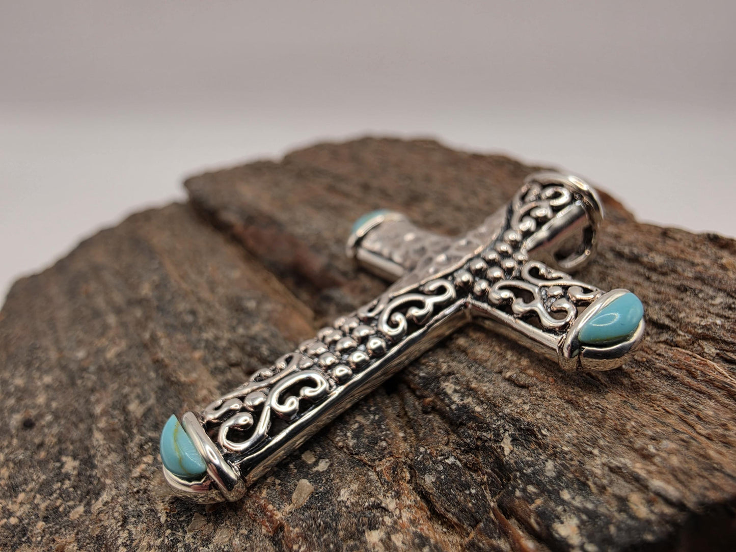 Turquoise Cross Pendant Sterling Silver Hammered Scrollwork Cabochon Ends 1.5 Inch Southwest Faith Christian Gift Baptism Confirmation