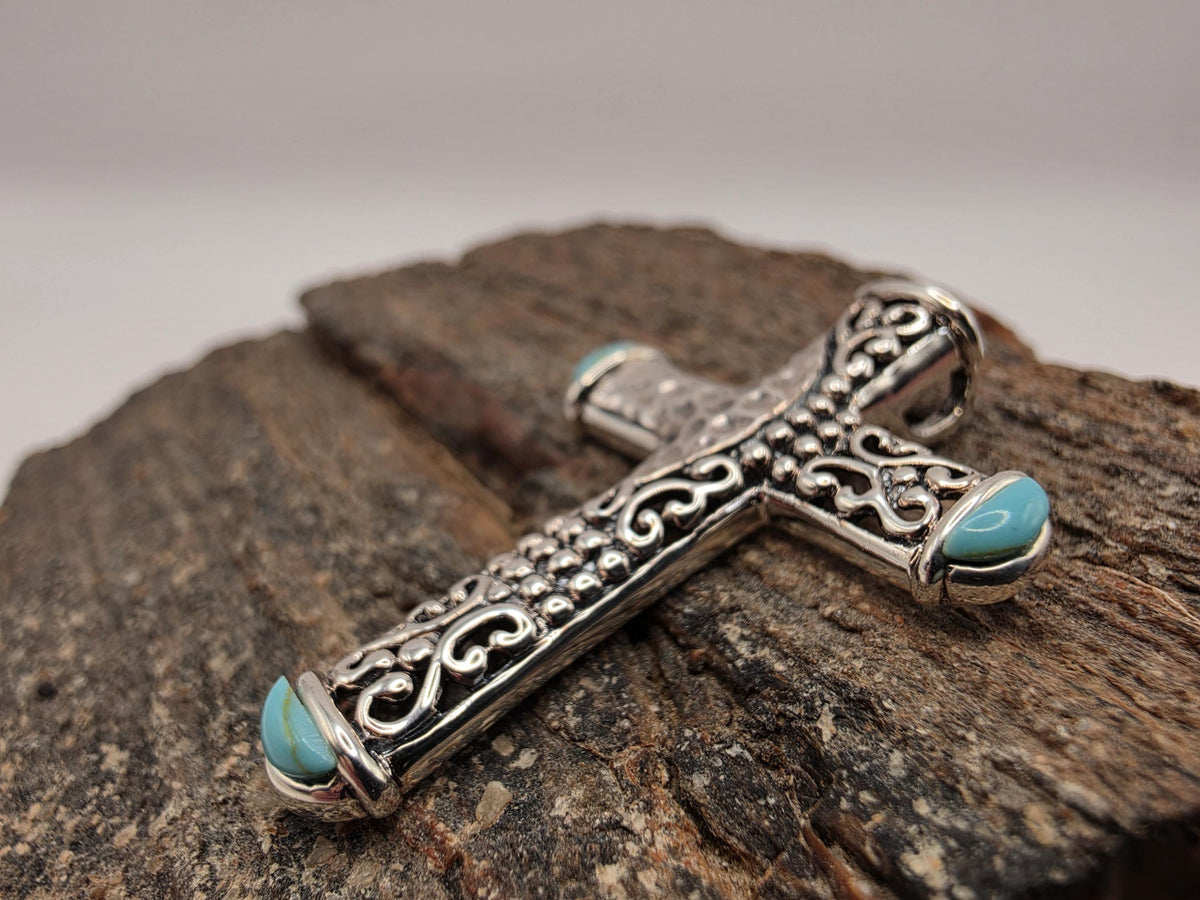 Turquoise Cross Pendant Sterling Silver Hammered Scrollwork Cabochon Ends 1.5 Inch Southwest Faith Christian Gift Baptism Confirmation