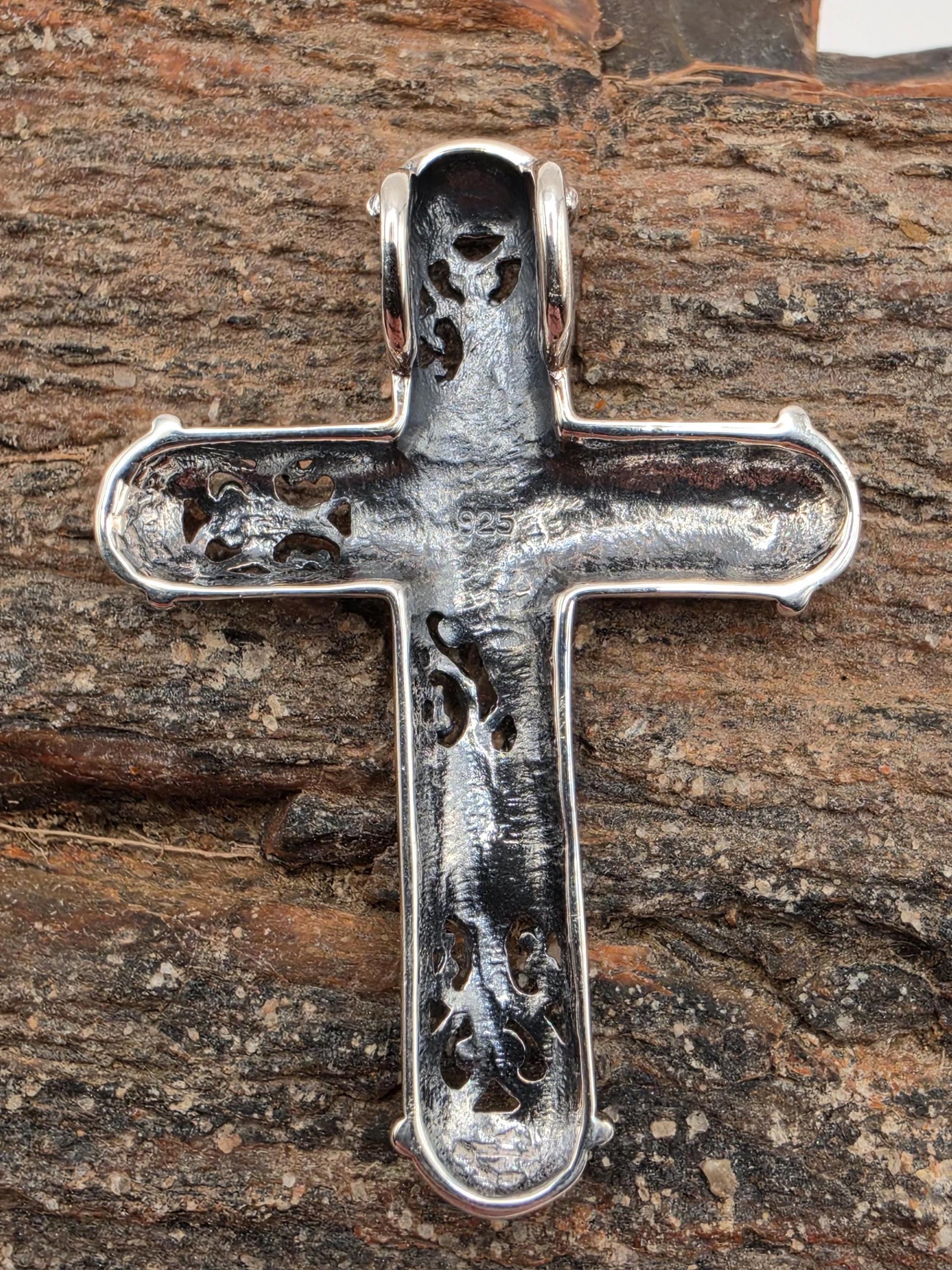Turquoise Cross Pendant Sterling Silver Hammered Scrollwork Cabochon Ends 1.5 Inch Southwest Faith Christian Gift Baptism Confirmation