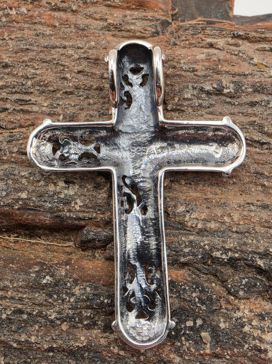 Turquoise Cross Pendant Sterling Silver Hammered Scrollwork Cabochon Ends 1.5 Inch Southwest Faith Christian Gift Baptism Confirmation