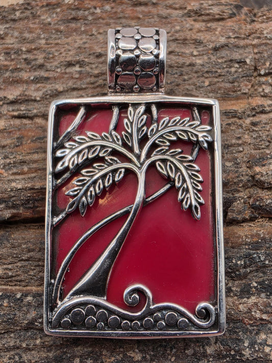 Sterling Silver Palm Tree Pendant Red Inlay Reversible Bali Beach Scene 1.125 Inch Tropical Vacation Jewelry Gift for Her