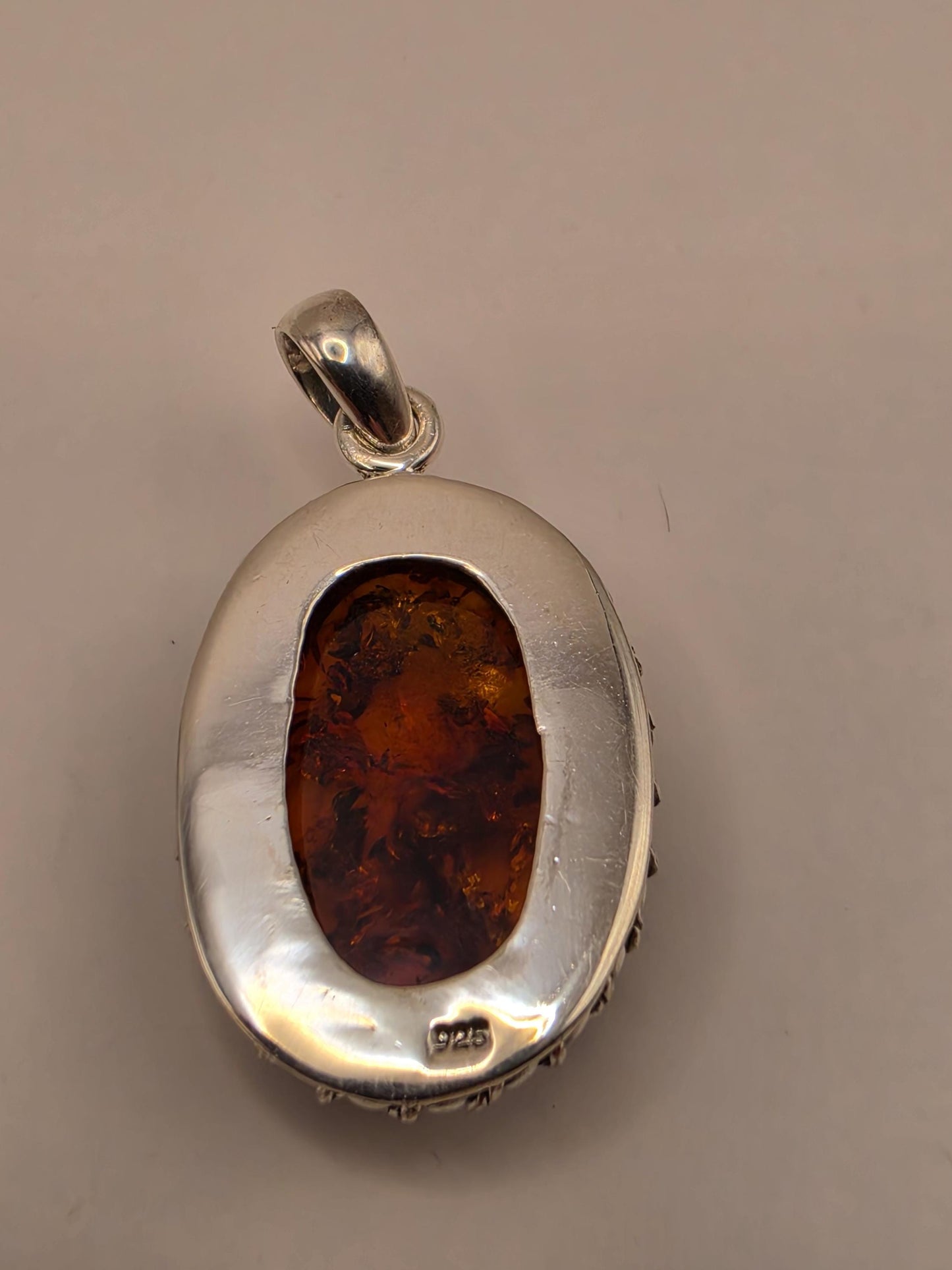Genuine Baltic Amber Pendant Sterling Silver Oval Cabochon Rope Twist Bezel 27mm Honey Cognac Sun Spangles Natural Fossil Gift for Her