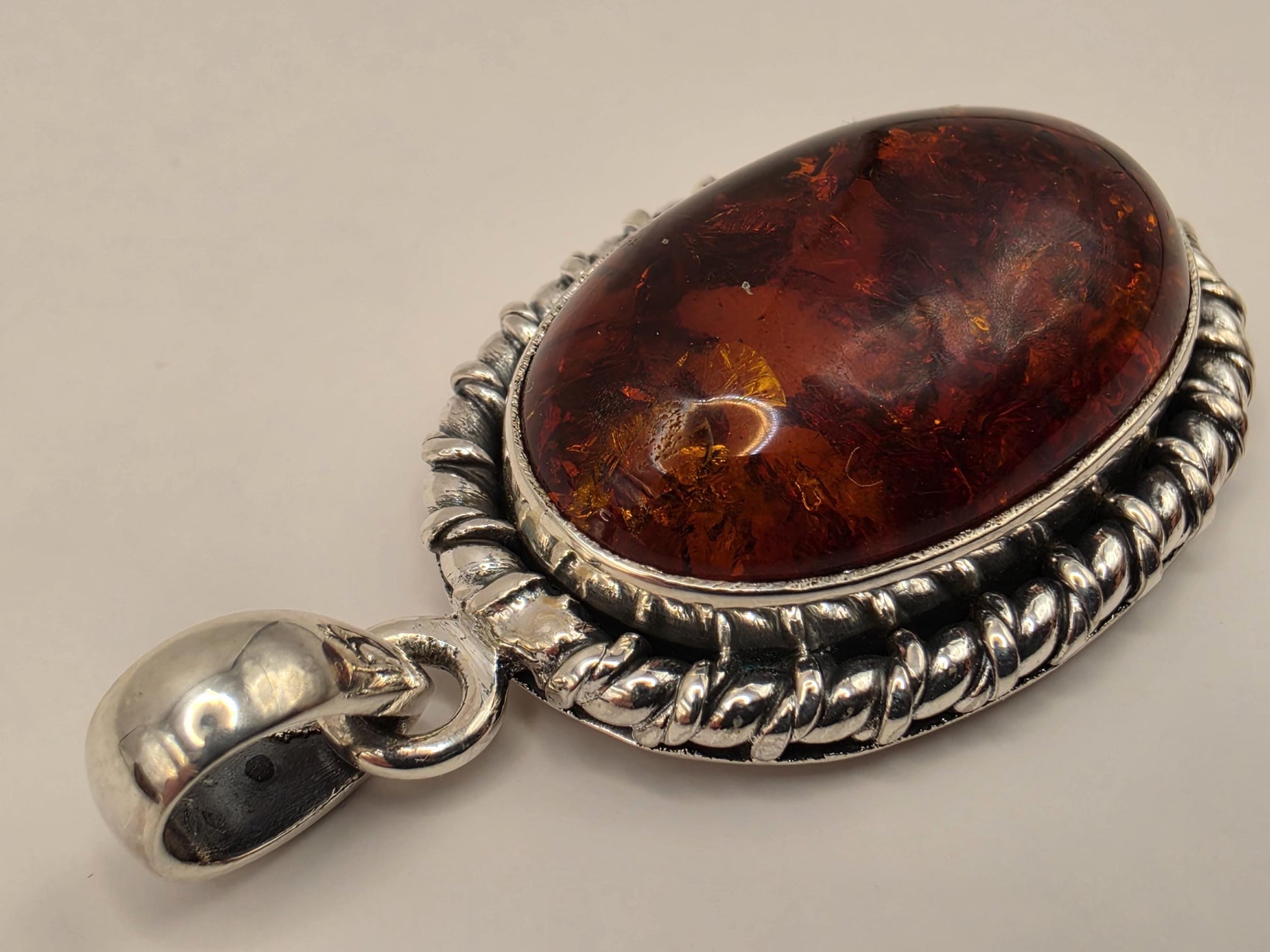 Genuine Baltic Amber Pendant Sterling Silver Oval Cabochon Rope Twist Bezel 27mm Honey Cognac Sun Spangles Natural Fossil Gift for Her