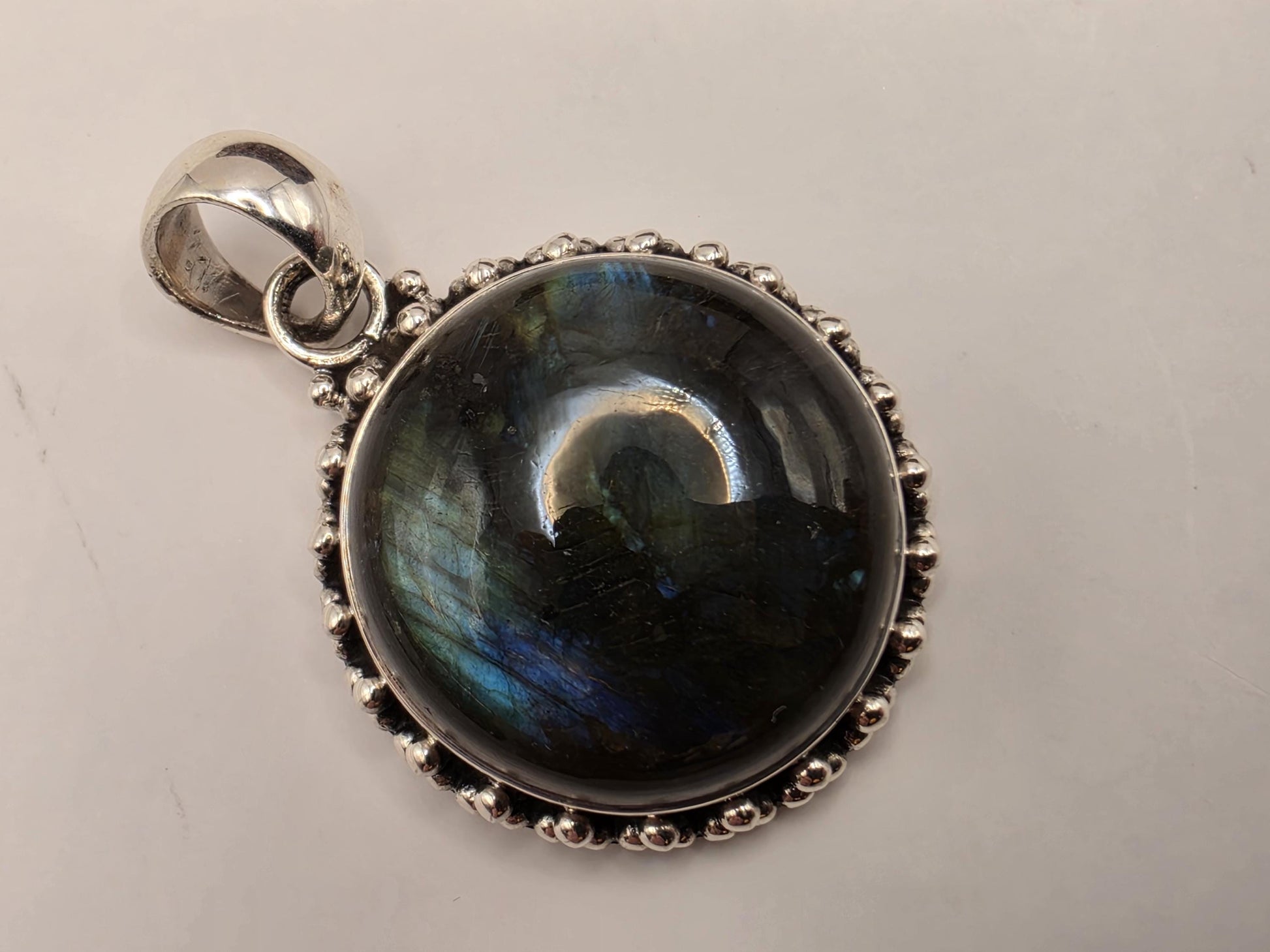 Labradorite Pendant Sterling Silver Round Cabochon Beaded Halo Frame 1 Inch Blue Green Flash Aurora Stone Mystical Gift for Her