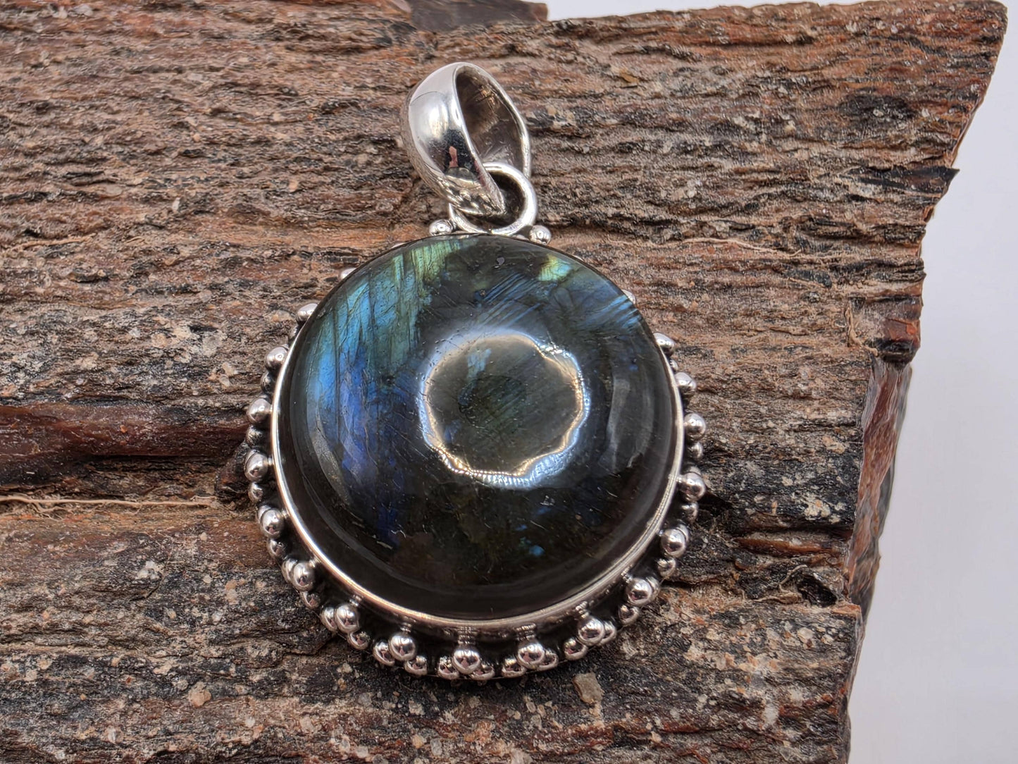 Labradorite Pendant Sterling Silver Round Cabochon Beaded Halo Frame 1 Inch Blue Green Flash Aurora Stone Mystical Gift for Her