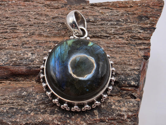 Labradorite Pendant Sterling Silver Round Cabochon Beaded Halo Frame 1 Inch Blue Green Flash Aurora Stone Mystical Gift for Her