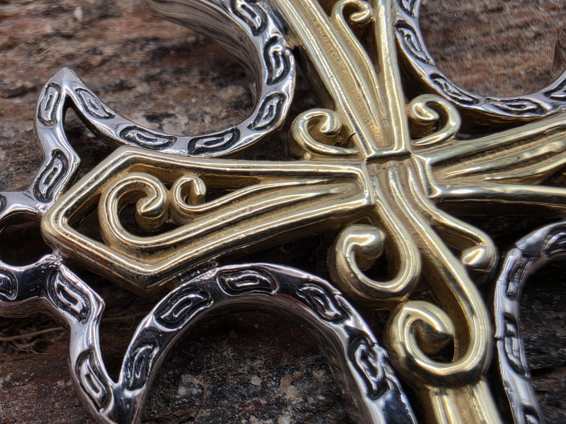 Two Tone Cross Pendant Sterling Silver Gold Tone Accent Ornate Scrollwork Large 2.25 Inch Statement Christian Faith Gift for Her or Him