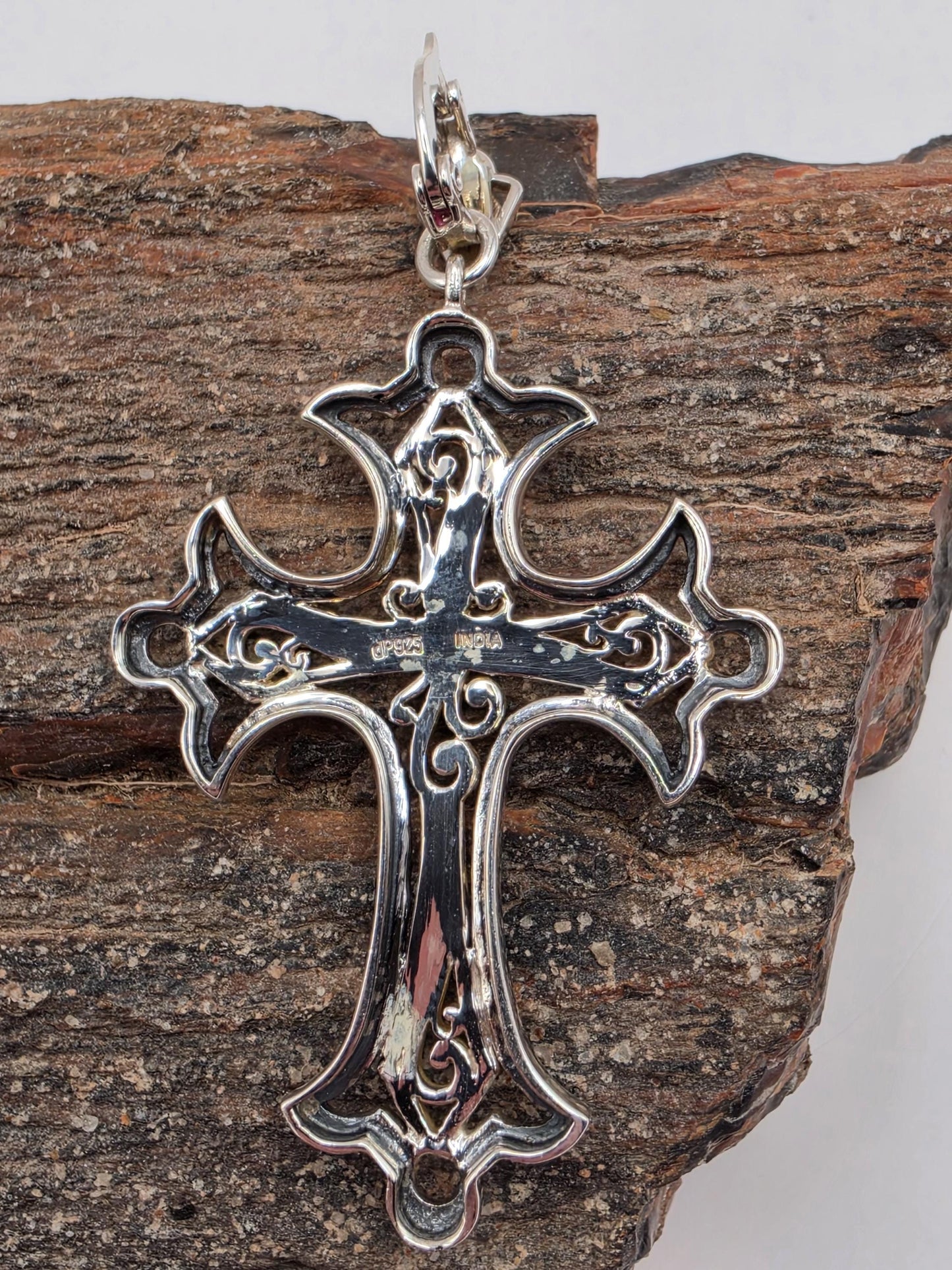 Two Tone Cross Pendant Sterling Silver Gold Tone Accent Ornate Scrollwork Large 2.25 Inch Statement Christian Faith Gift for Her or Him