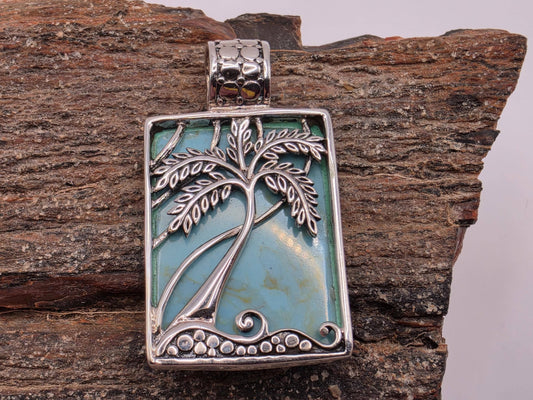Turquoise Palm Tree Pendant Sterling Silver Bali Beach Scene Genuine Stone Background 1.125 Inch Tropical Island Vacation Gift for Her