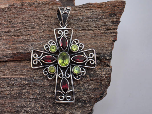 Garnet Peridot Cross Pendant Sterling Silver Bali Scrollwork Large 1.75 Inch Genuine Gemstone Red Green Faceted Statement Faith Gift for Her