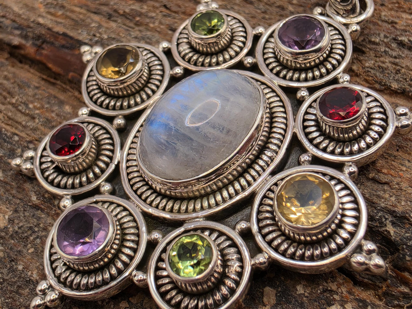 Rainbow Moonstone Multi Gemstone Pendant Sterling Silver Star Medallion Amethyst Garnet Citrine Peridot 2 Inch Bali Statement Gift for Her