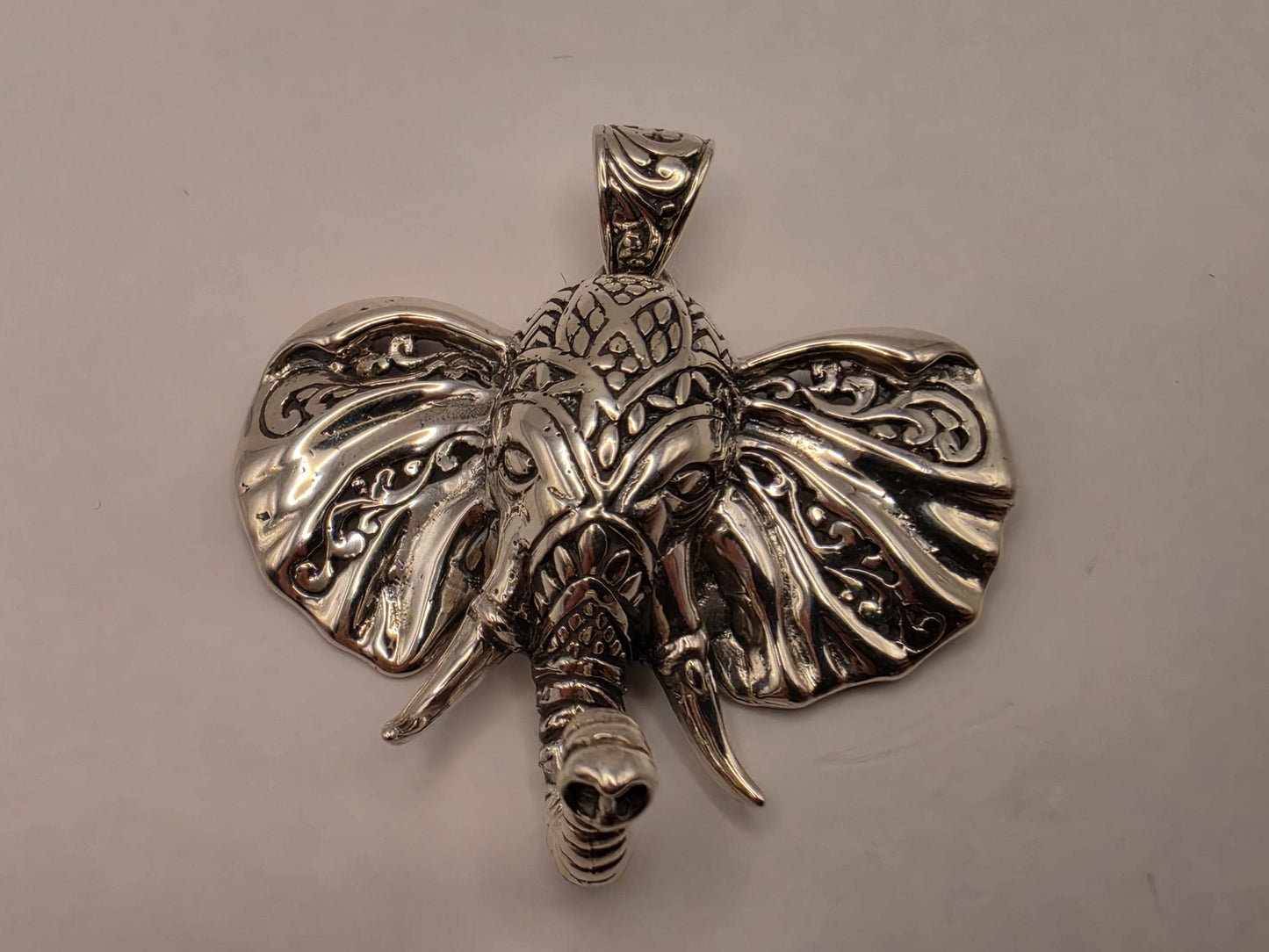Sterling Silver Elephant Head Pendant Ornate Bali Scrollwork 1.5 Inch 9.9 Grams Trunk Down Animal Lover Statement Gift for Her