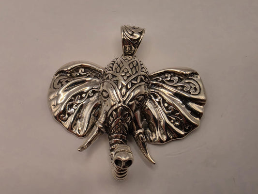 Sterling Silver Elephant Head Pendant Ornate Bali Scrollwork 1.5 Inch 9.9 Grams Trunk Down Animal Lover Statement Gift for Her