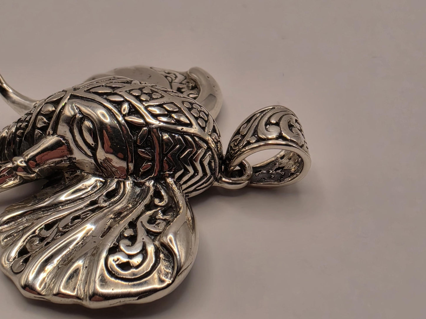 Sterling Silver Elephant Head Pendant Ornate Bali Scrollwork 1.5 Inch 9.9 Grams Trunk Down Animal Lover Statement Gift for Her