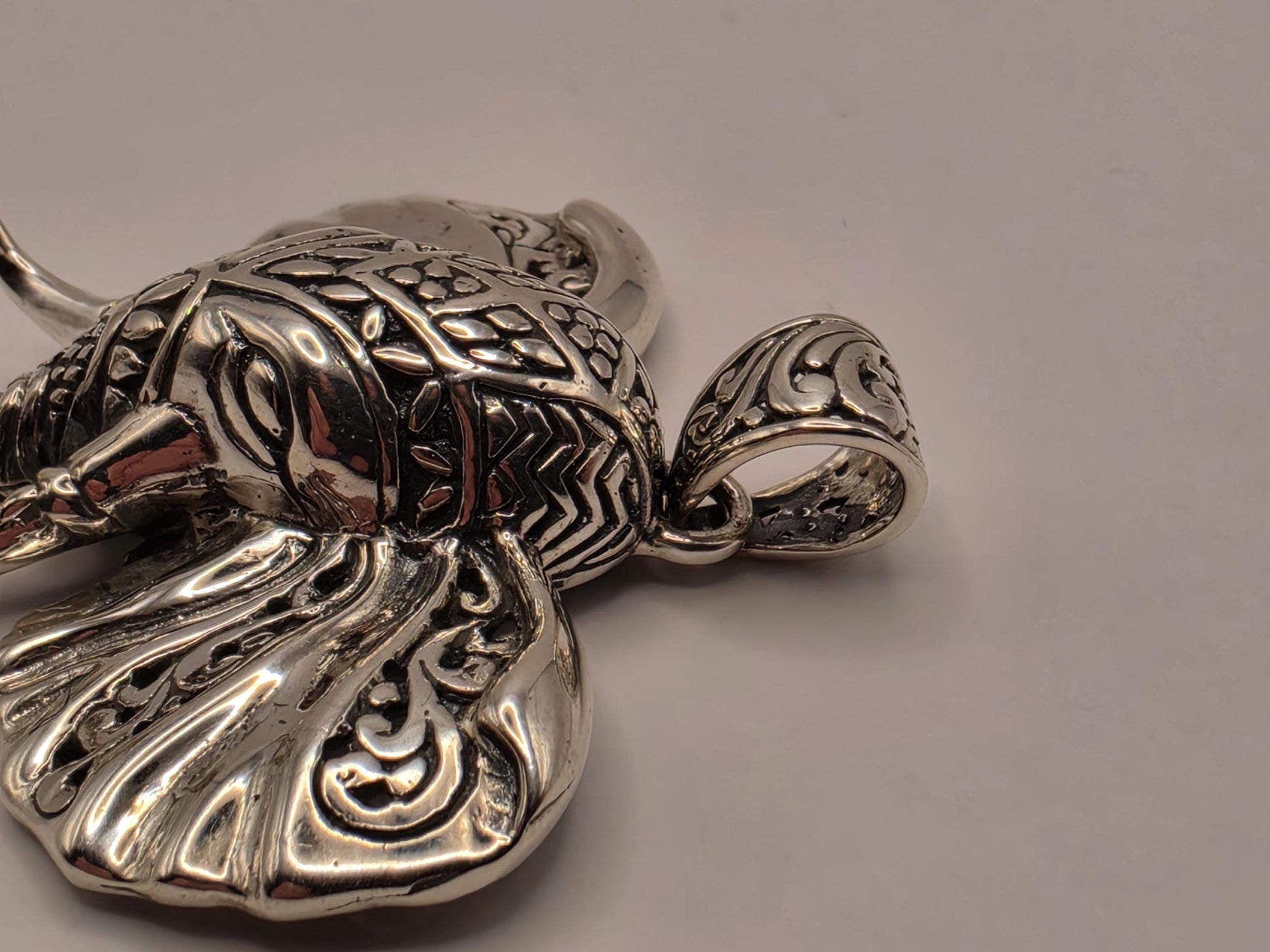 Sterling Silver Elephant Head Pendant Ornate Bali Scrollwork 1.5 Inch 9.9 Grams Trunk Down Animal Lover Statement Gift for Her