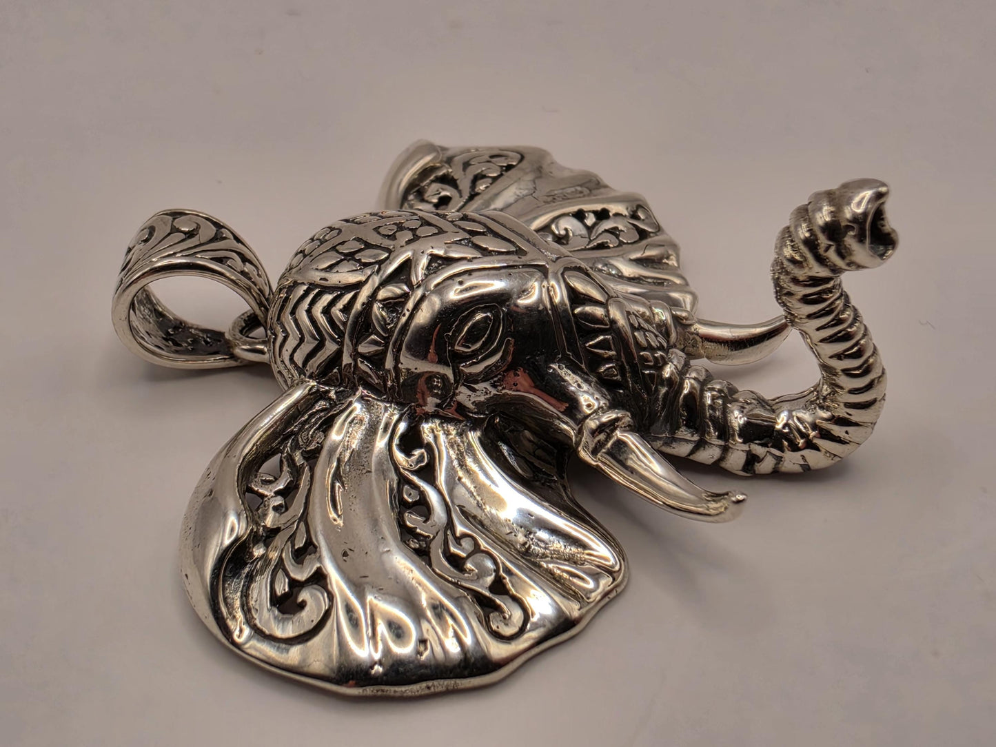 Sterling Silver Elephant Head Pendant Ornate Bali Scrollwork 1.5 Inch 9.9 Grams Trunk Down Animal Lover Statement Gift for Her
