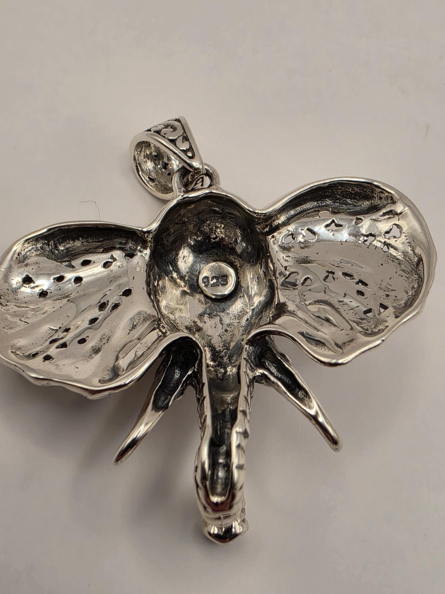Sterling Silver Elephant Head Pendant Ornate Bali Scrollwork 1.5 Inch 9.9 Grams Trunk Down Animal Lover Statement Gift for Her