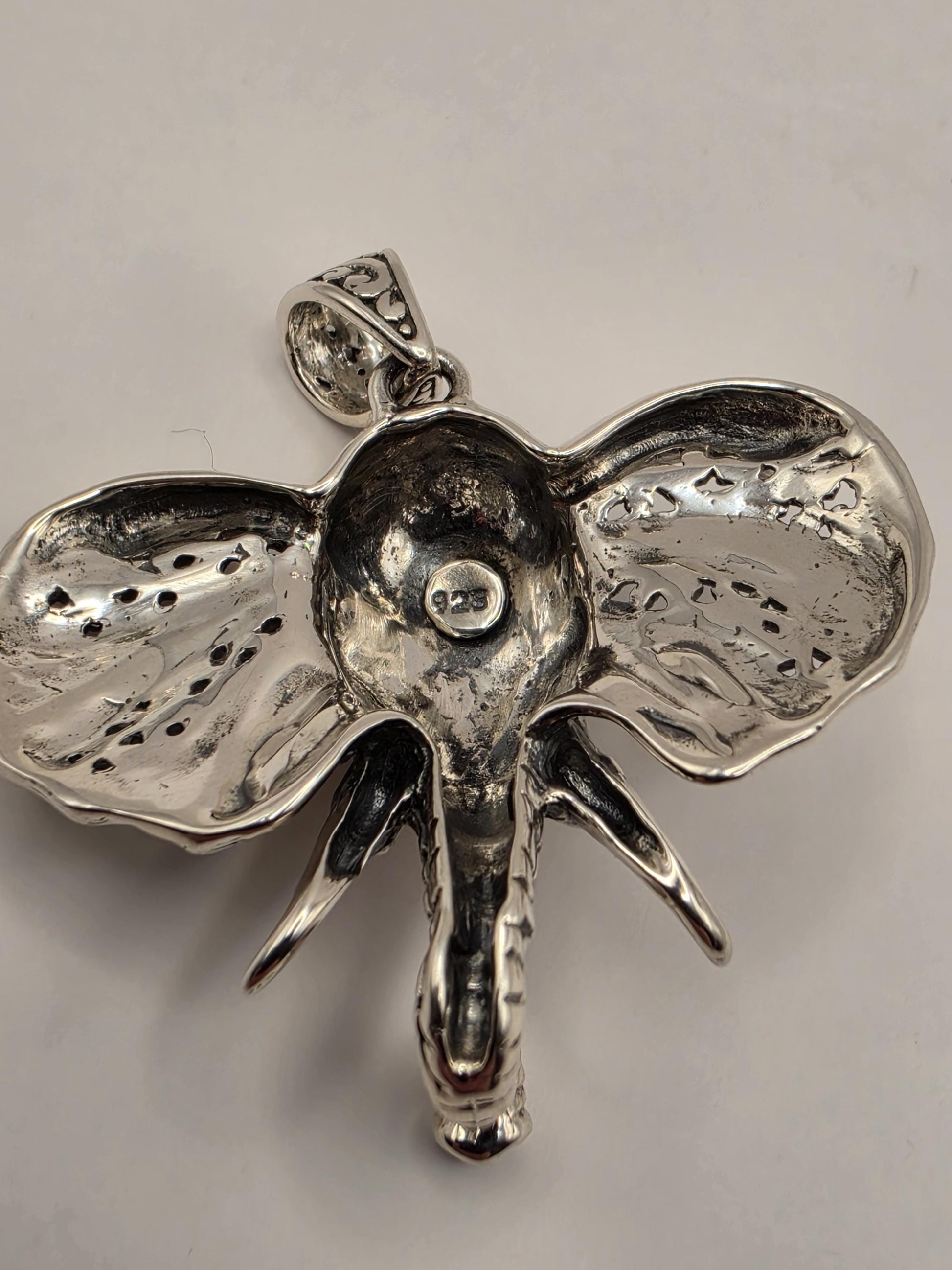 Sterling Silver Elephant Head Pendant Ornate Bali Scrollwork 1.5 Inch 9.9 Grams Trunk Down Animal Lover Statement Gift for Her