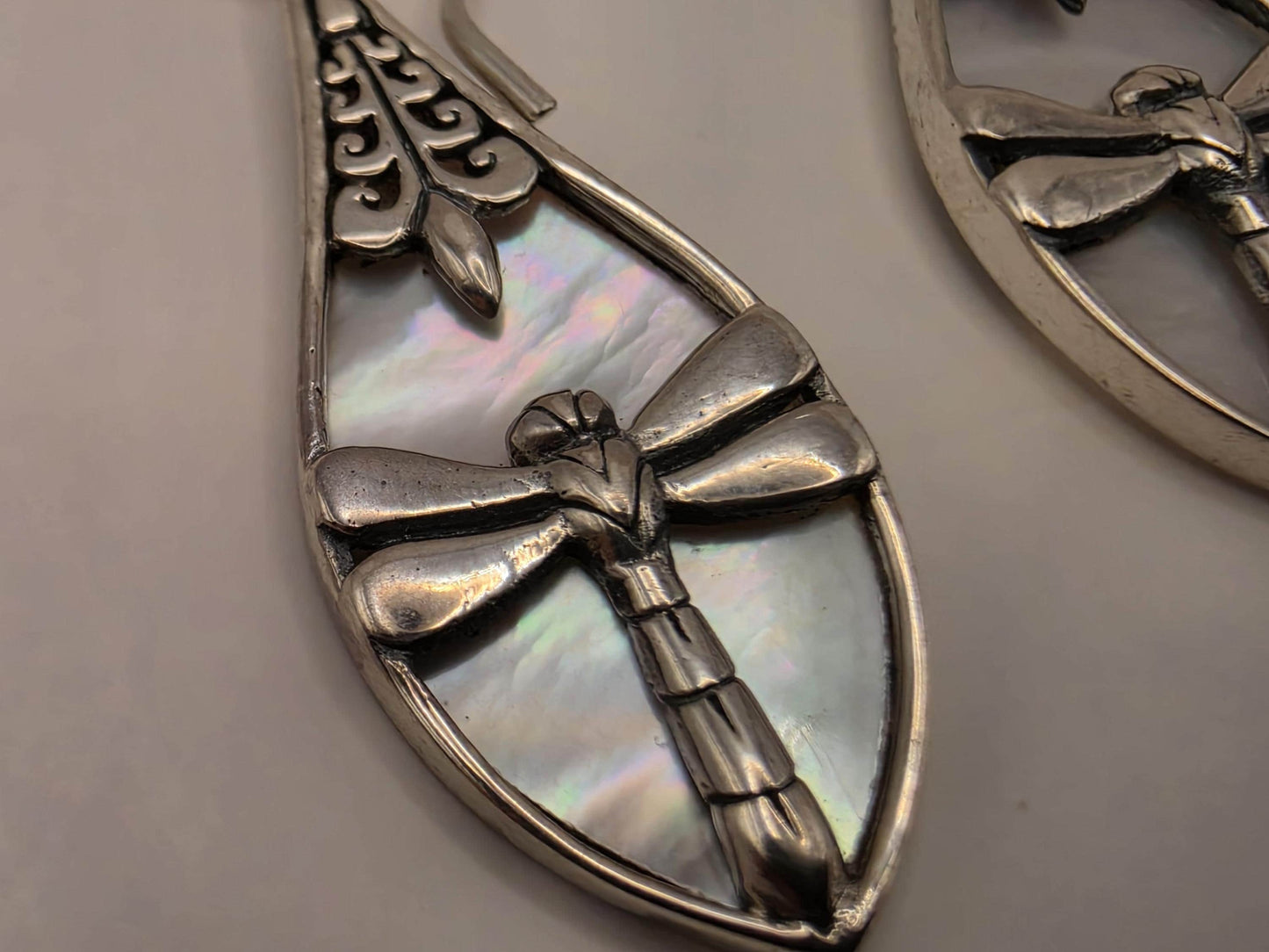 Mother of Pearl Dragonfly Earrings Sterling Silver Teardrop Inlay Dangle 1.25 Inch Bali Scrollwork Nature Gift for Her