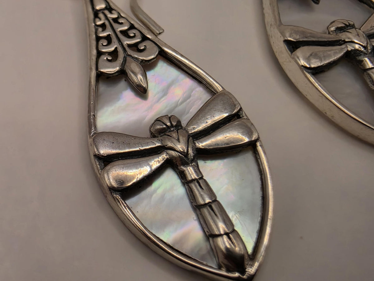 Mother of Pearl Dragonfly Earrings Sterling Silver Teardrop Inlay Dangle 1.25 Inch Bali Scrollwork Nature Gift for Her