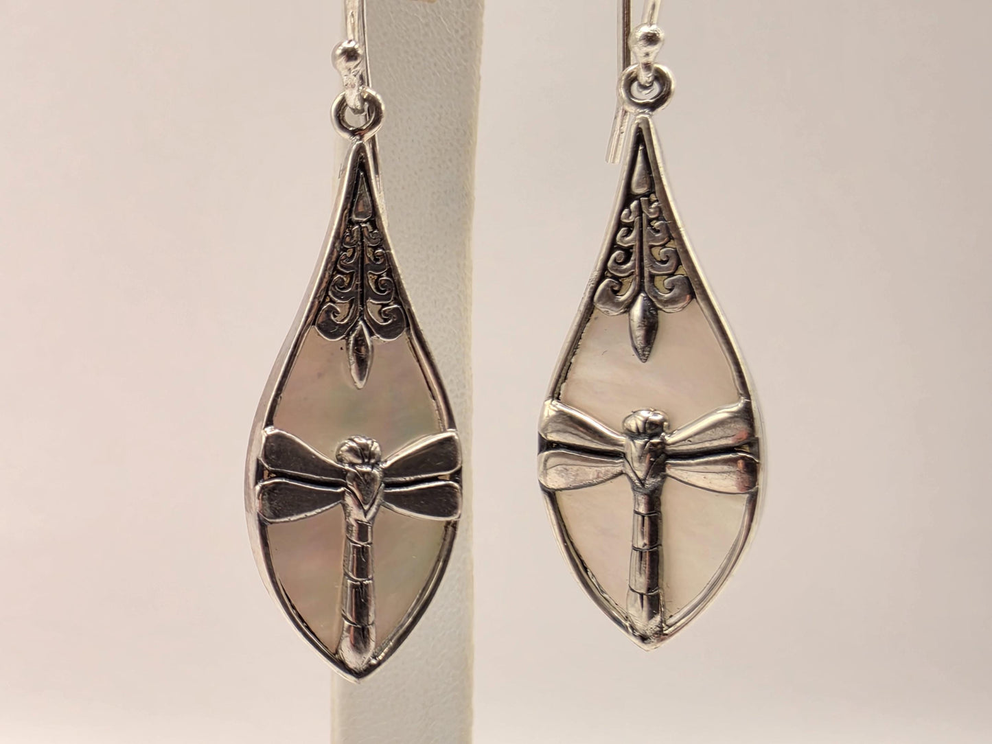 Mother of Pearl Dragonfly Earrings Sterling Silver Teardrop Inlay Dangle 1.25 Inch Bali Scrollwork Nature Gift for Her