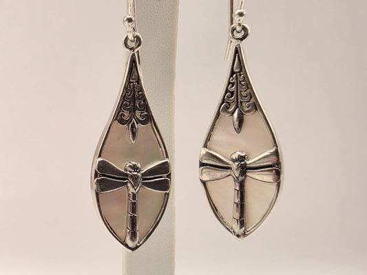 Mother of Pearl Dragonfly Earrings Sterling Silver Teardrop Inlay Dangle 1.25 Inch Bali Scrollwork Nature Gift for Her
