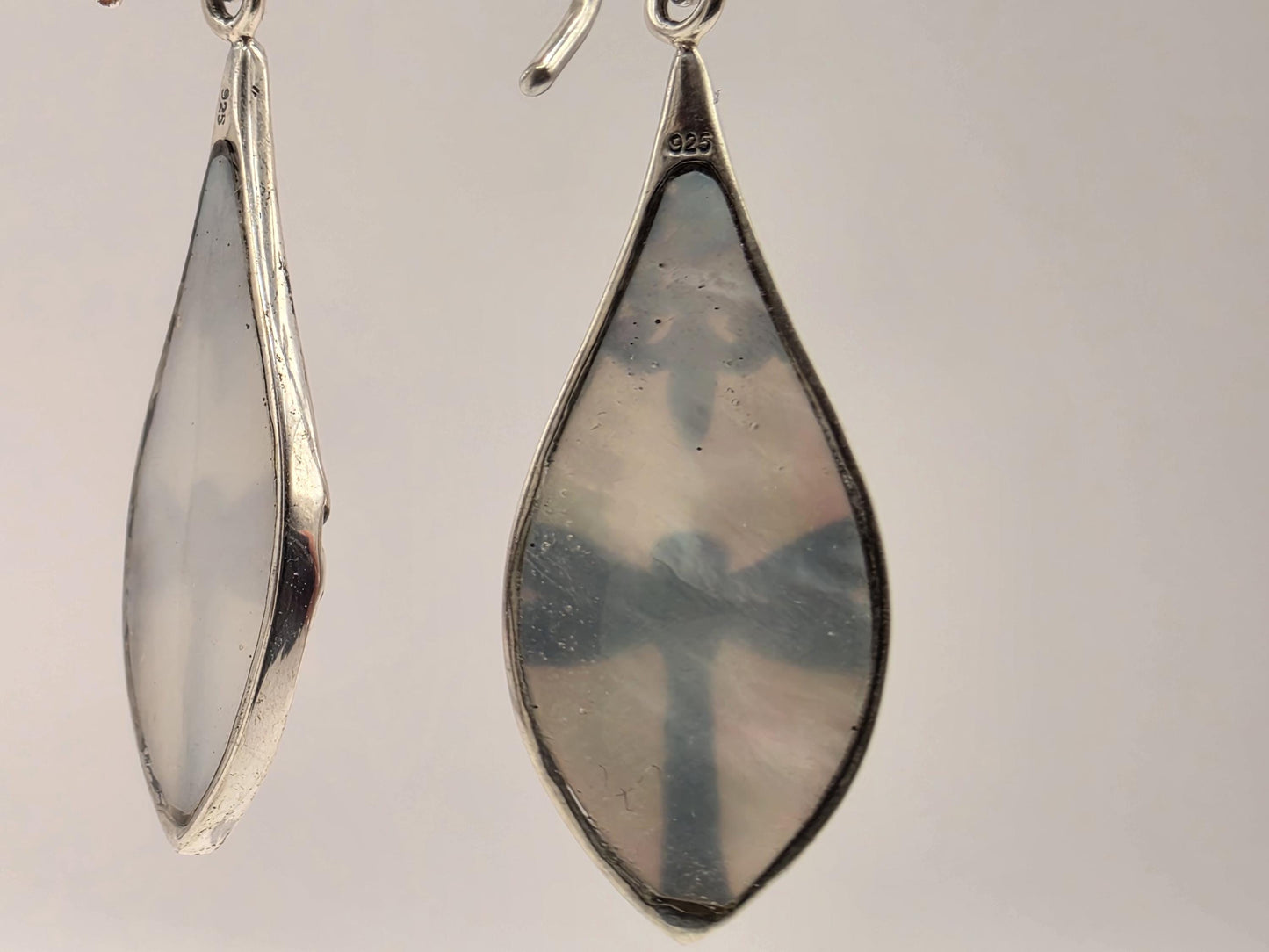 Mother of Pearl Dragonfly Earrings Sterling Silver Teardrop Inlay Dangle 1.25 Inch Bali Scrollwork Nature Gift for Her