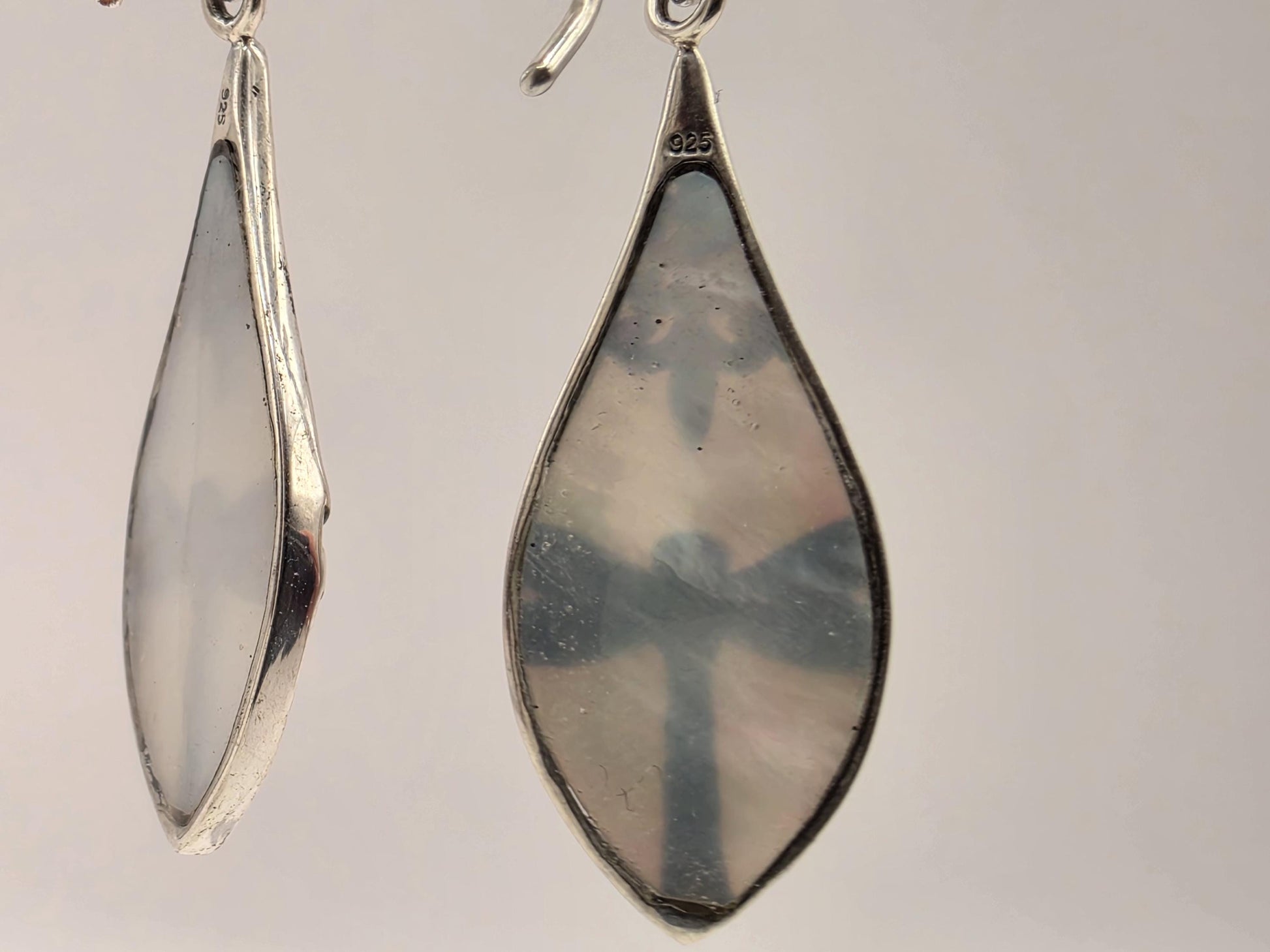 Mother of Pearl Dragonfly Earrings Sterling Silver Teardrop Inlay Dangle 1.25 Inch Bali Scrollwork Nature Gift for Her