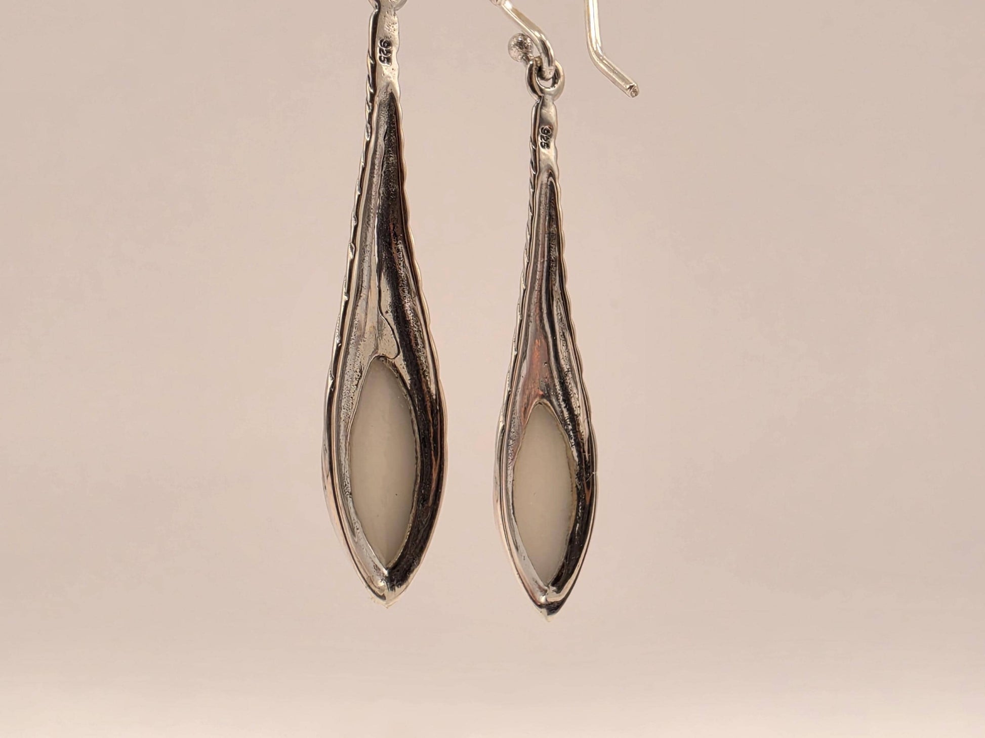 Mother of Pearl Earrings Sterling Silver Long Teardrop Twist Dangle 1.5 Inch Iridescent Shell Lightweight Gift for Her