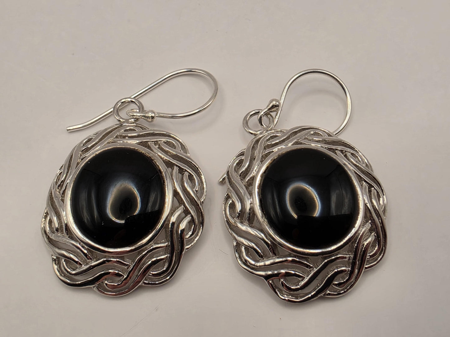 Black Onyx Earrings Sterling Silver Round Cabochon Woven Halo Dangle 1 Inch 9.3 Grams Celtic Bali Statement Gift for Her