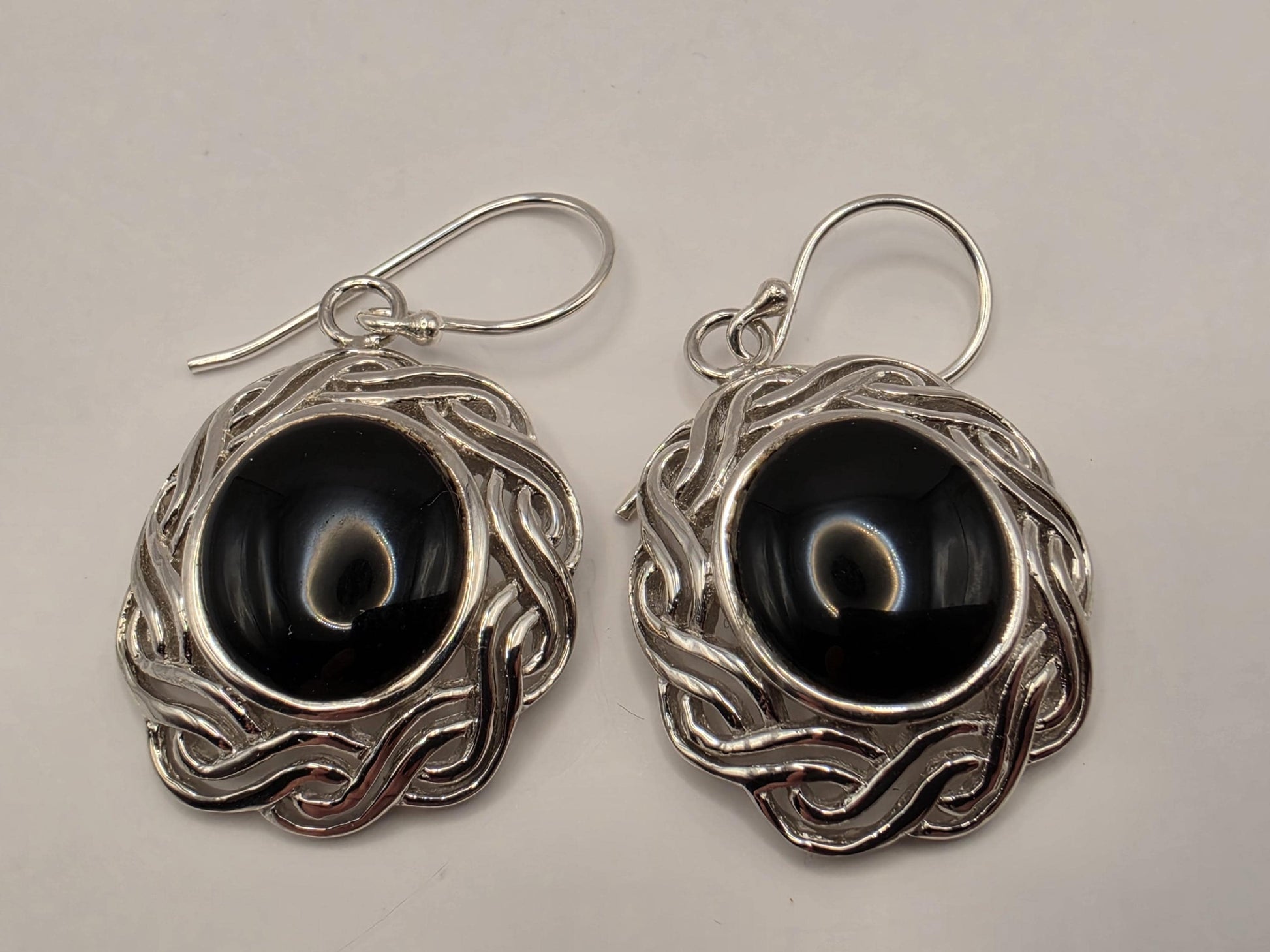 Black Onyx Earrings Sterling Silver Round Cabochon Woven Halo Dangle 1 Inch 9.3 Grams Celtic Bali Statement Gift for Her