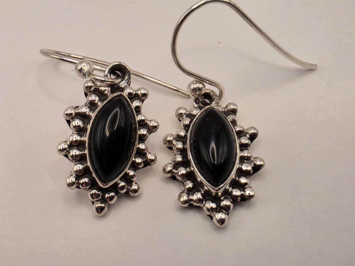 Black Onyx Earrings Sterling Silver Marquise Cabochon Beaded Sunburst Dangle 0.75 Inch Small Bali Gift for Her